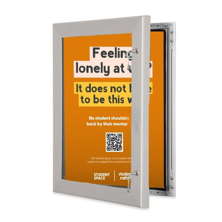 Durable A3 lockable silver poster case in anodised aluminium with a 45mm frame, supplied with wall fixings for easy installation.
