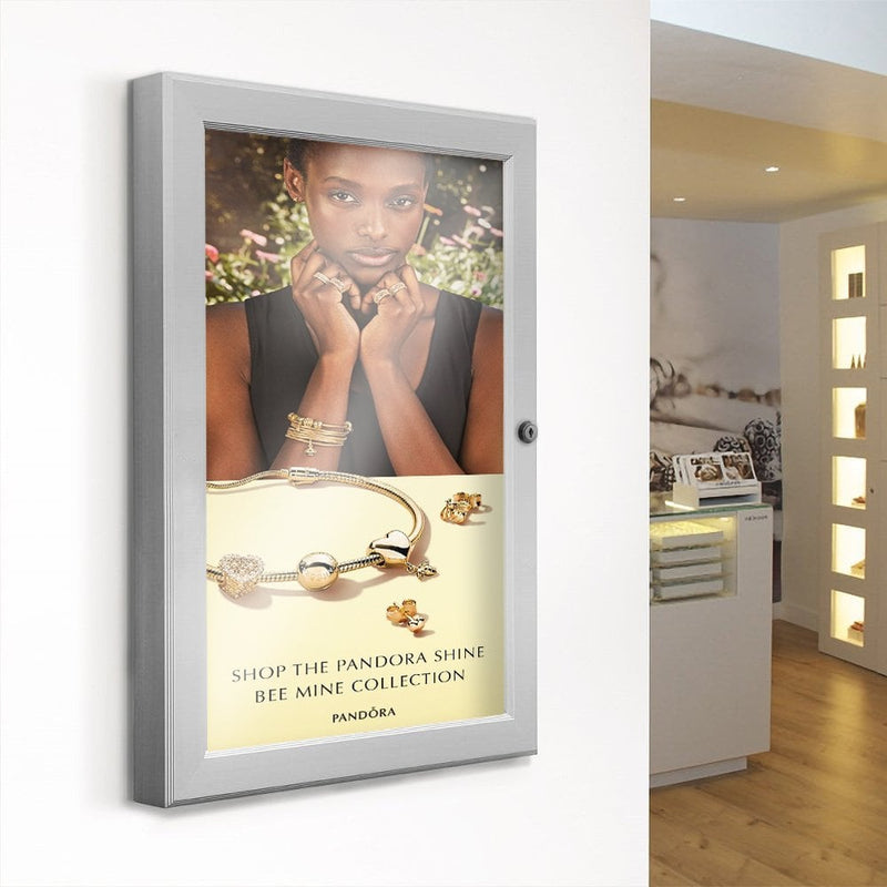 A3 Lockable Anodised Aluminium Silver Poster Case with 45mm Frame Profile - Wall Fixings Included