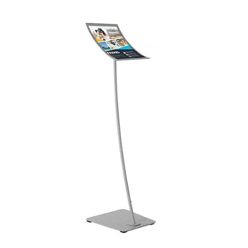 Silver A4 Floor Standing Curved Frame and Post Aluminium Poster Display Stand - 240mm Wide x 1090mm High