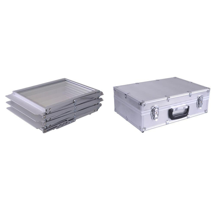 Feature panel: tool-free quick assembly, anti-corrosion silver aluminium finish, protective aluminium case included, 6 x A4 slots, free delivery.
