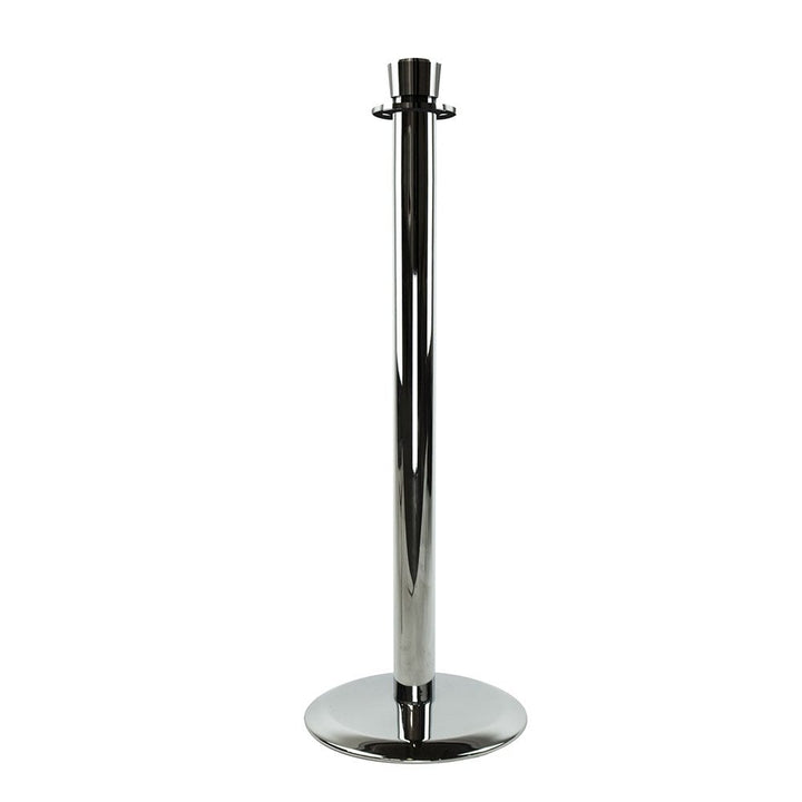 Durable chrome rope barrier post with a sleek design, perfect for queue management and crowd guidance.
