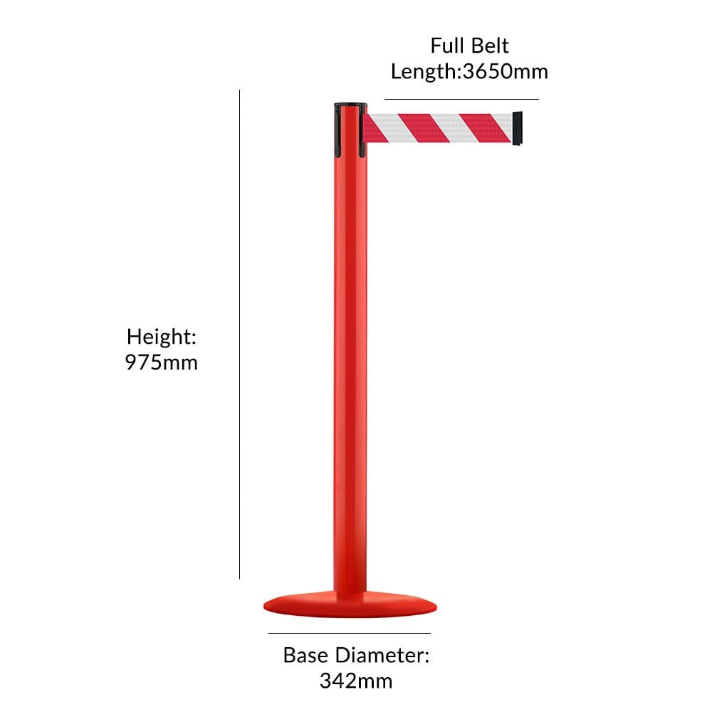 Professional red barrier post featuring a 3.65m retractable red and white belt, perfect for organising queues and restricted zones.
