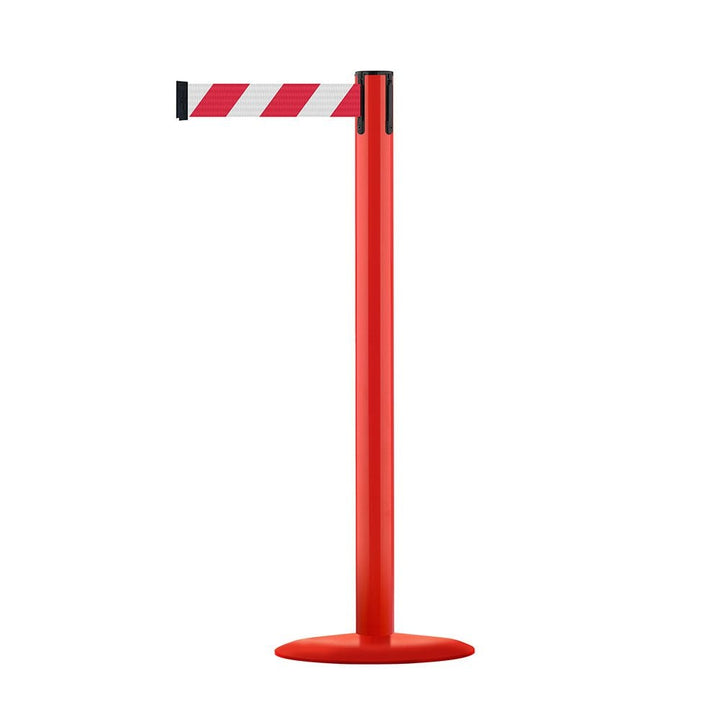 Durable red safety barrier post with a 3.65m red and white retractable belt, designed for enhanced visibility and security.
