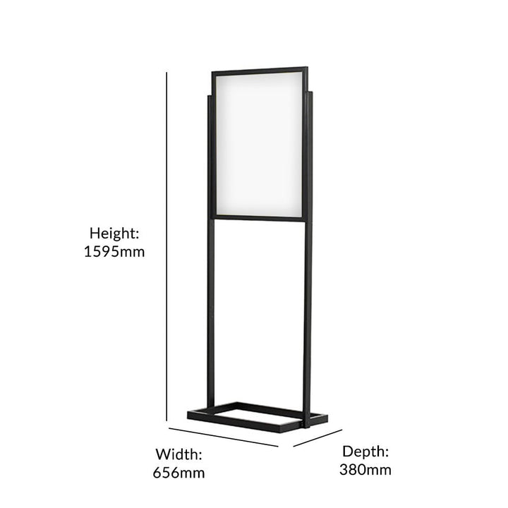 A1 black info-board poster stand – floor-standing steel unit with double-sided display, 1595mm tall