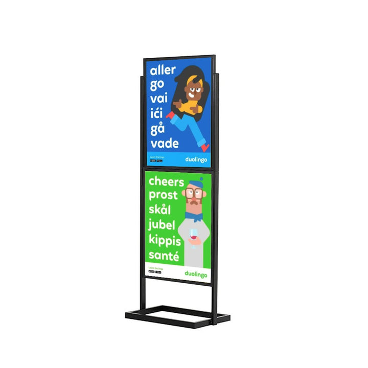 Freestanding A1 poster display – black 2-tier double-sided info-board with steel frame for retail or office use