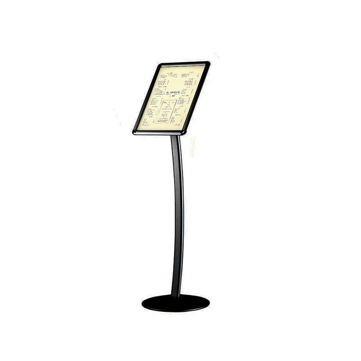 Black A3 curved-post snap frame poster stand showing the sweeping aluminium arc, weighted circular base and front-loading A3 frame in portrait orientation.
