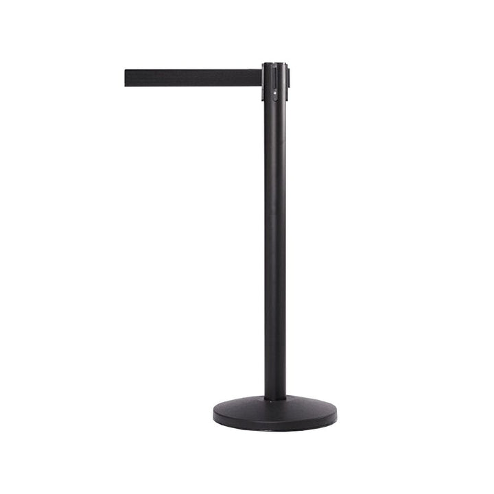 Black retractable barrier with a 3.4m black belt, ideal for queue management and crowd control.
