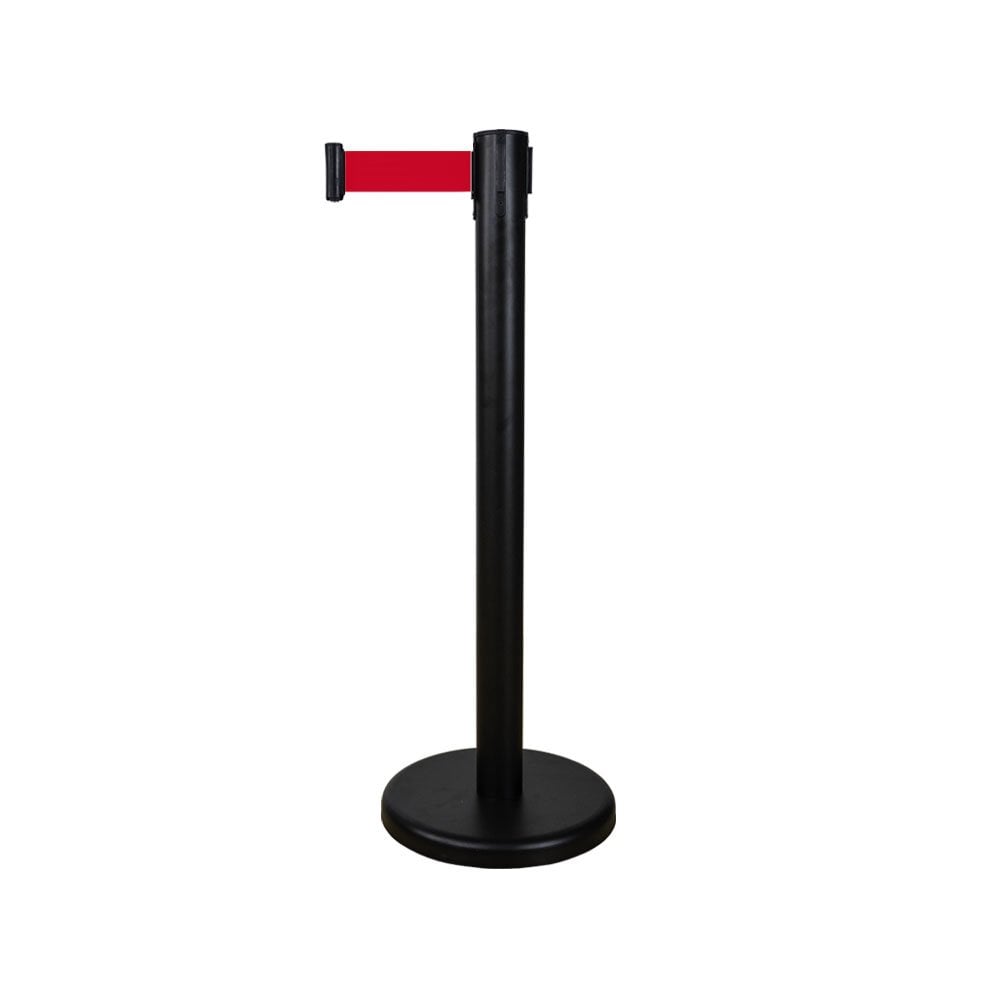 Black Retractable Queuing Barrier Post with Red Belt - 2.0m