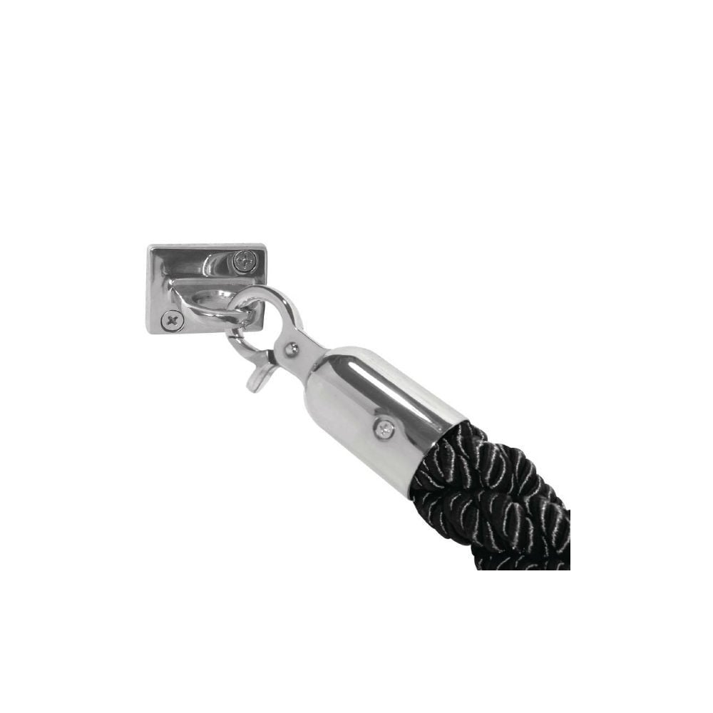 Durable black twisted rope with polished chrome snap ends, 1.5m long, perfect for crowd control and queue management.
