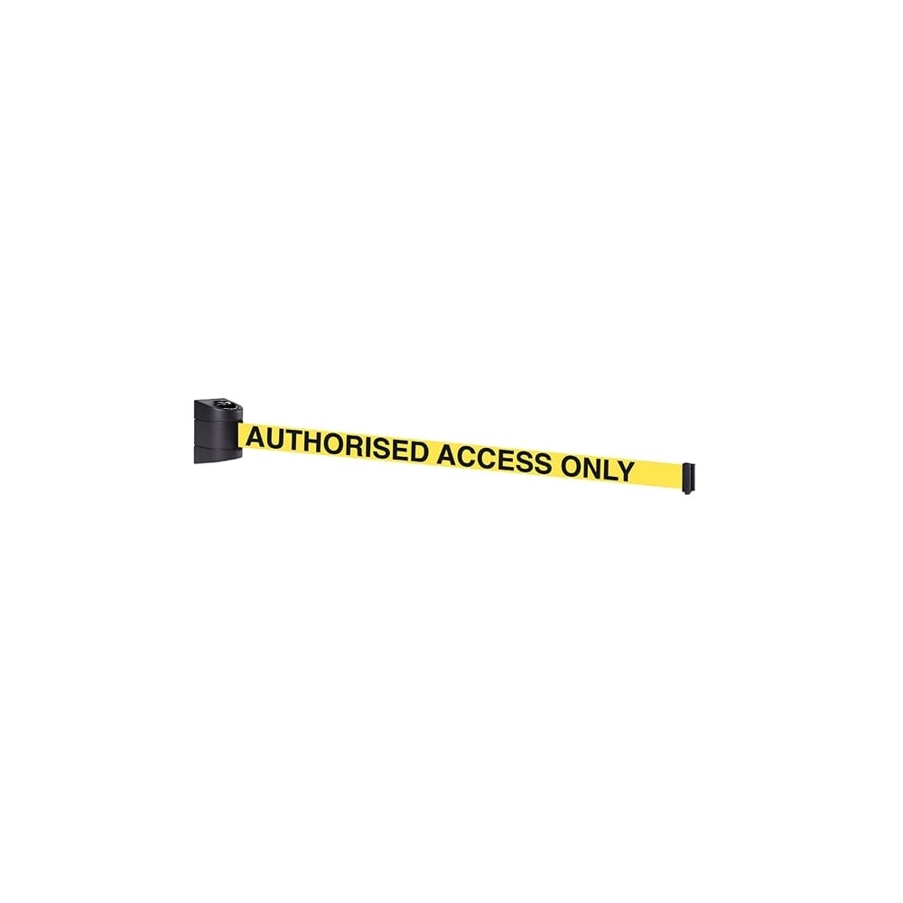 Black wall-mounted barrier with a 4.6m yellow belt printed with 'Authorised Access Only', ideal for crowd control and safety.
