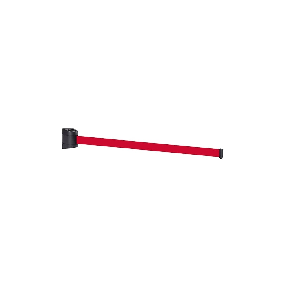 Black wall-mounted retractable barrier with a 4.6m red belt, ideal for queue management and restricted access.

