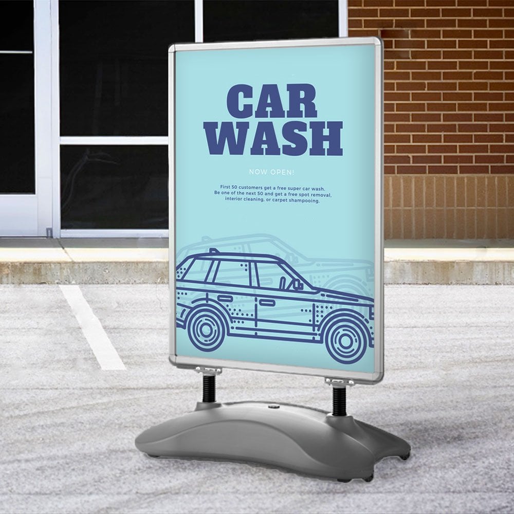 Budget A0 silver wind-resistant pavement sign with a heavy-duty water base and snap frame, double-sided for maximum visibility.
