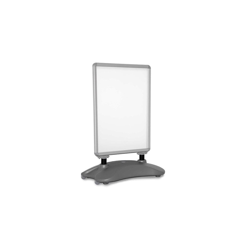 Durable A0 pavement sign with a sturdy water-filled base, wind-resistant silver frame, and easy-to-use snap frame, designed for double-sided display.
