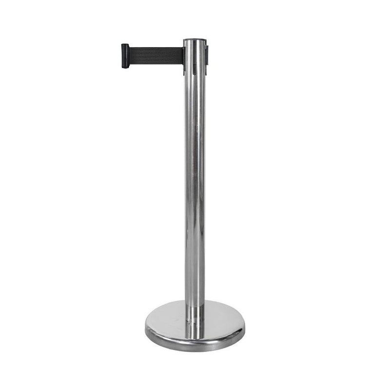 Chrome Retractable Queuing Barrier Post with Black Belt - 2.0m