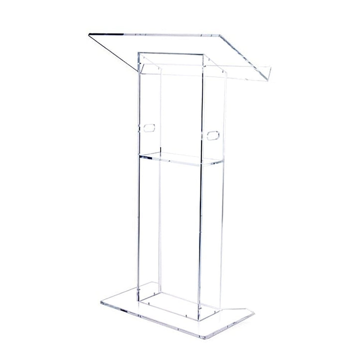 Sleek and modern clear acrylic lectern, floor-standing design with a practical shelf, measuring 685mm wide x 1180mm high.