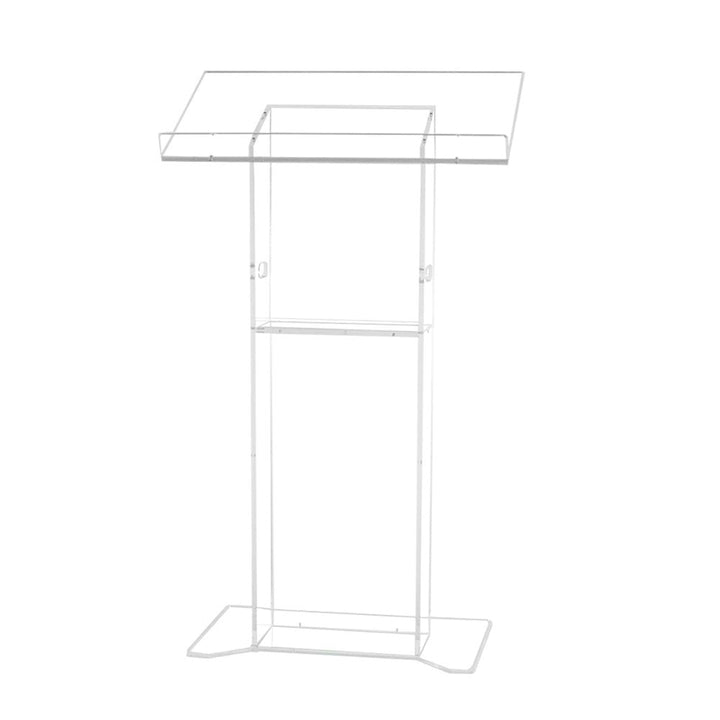 Professional clear acrylic lectern with a spacious reading surface, integrated shelf, and a contemporary floor-standing design.