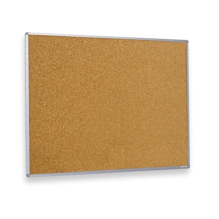 Angled cut-out of a natural cork noticeboard with a satin silver aluminium frame, shown empty on a white background, landscape orientation.
