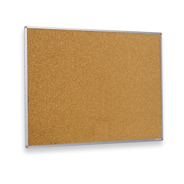 Angled cut-out of a cork noticeboard with a satin silver aluminium frame, cork face empty, shown three-quarter on a white background.
