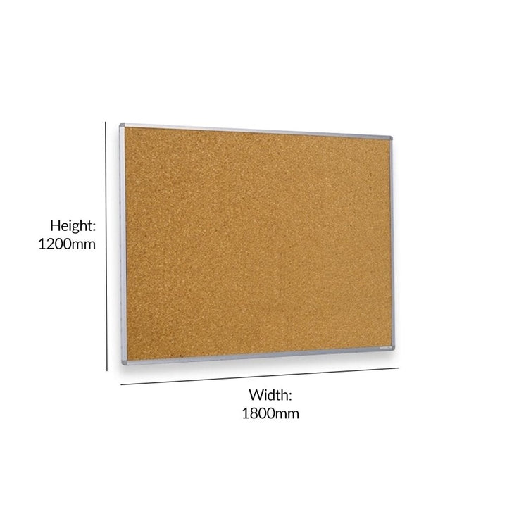 Dimension diagram: cork noticeboard with aluminium frame 1200mm tall and 1800mm wide, landscape orientation shown.
