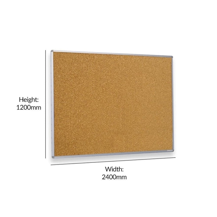 Dimension callout on a cork noticeboard with aluminium frame showing 1200mm height and 2400mm width.

