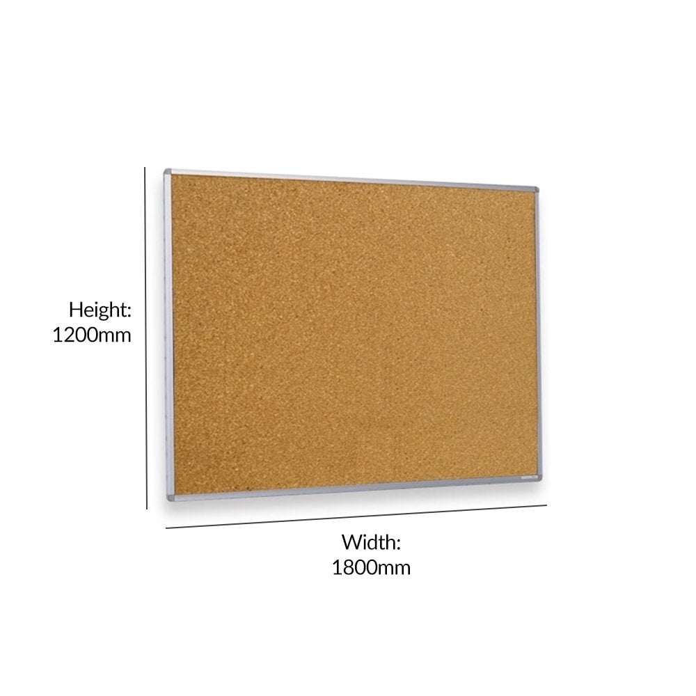 A spacious cork noticeboard (1200 x 1800mm) with a sleek aluminum frame, ideal for hanging notices or planning in a professional workspace.

