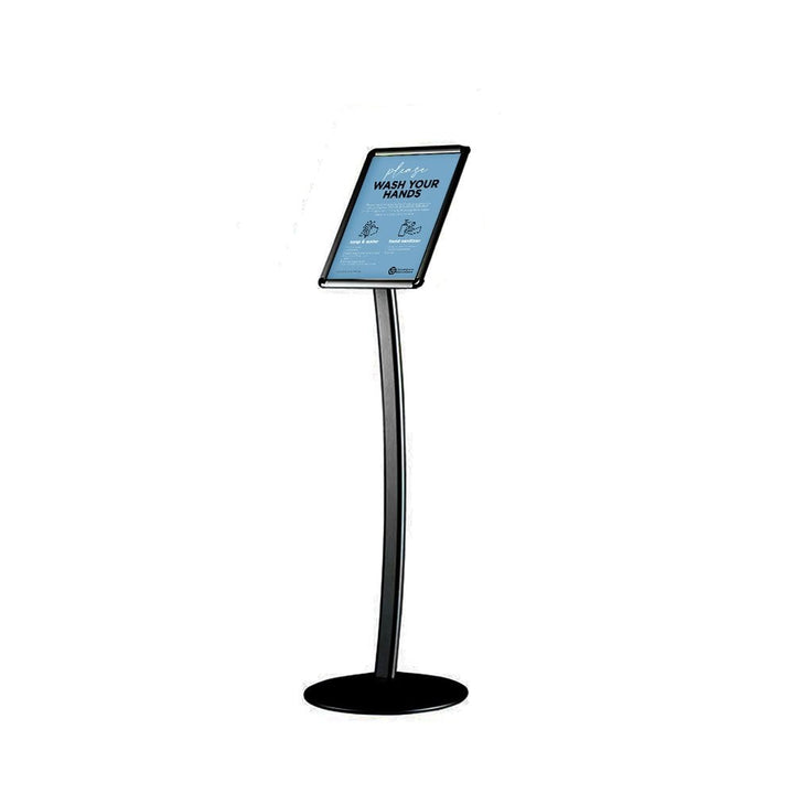Front-loading A4 snap frame carrying a hand-washing notice on a curved black post, photographed on a white background above a weighted disc base.
