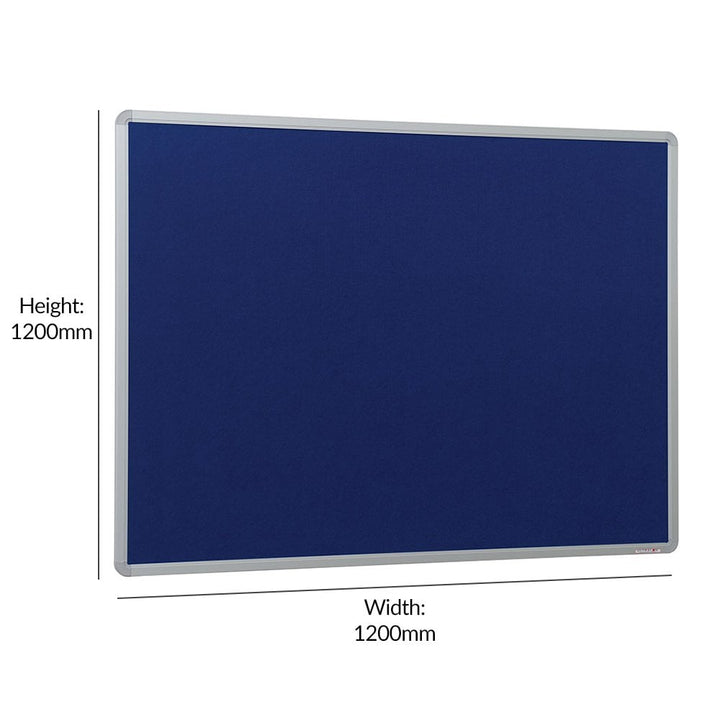Dark blue felt noticeboard framed in sleek aluminium, measuring 1200 x 1200mm, ideal for use in offices or classrooms.

