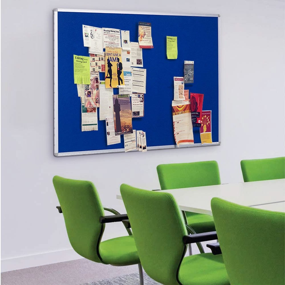 Dark blue felt noticeboard with an aluminium frame, measuring 1200 x 900mm.


