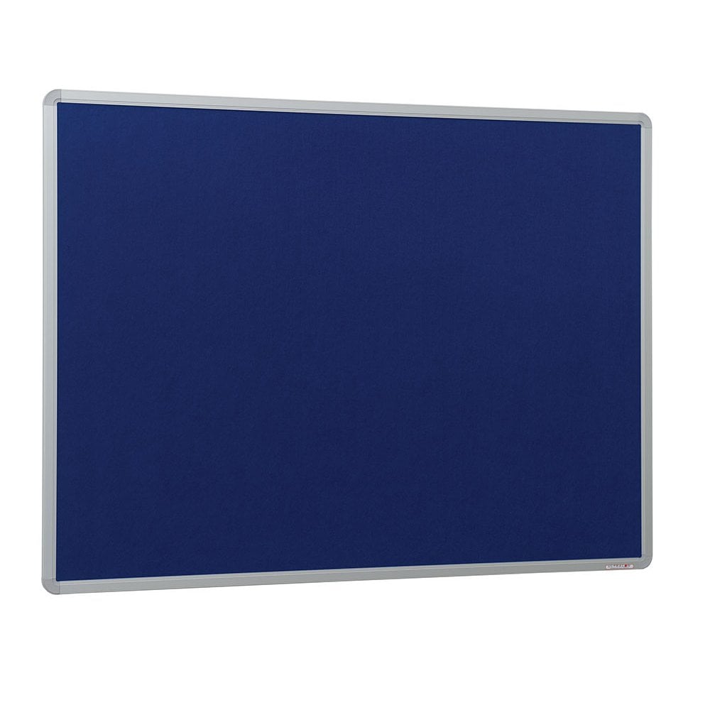 1200 x 900mm dark blue felt noticeboard with a durable aluminium frame, ideal for displaying notices and memos in smaller spaces.

