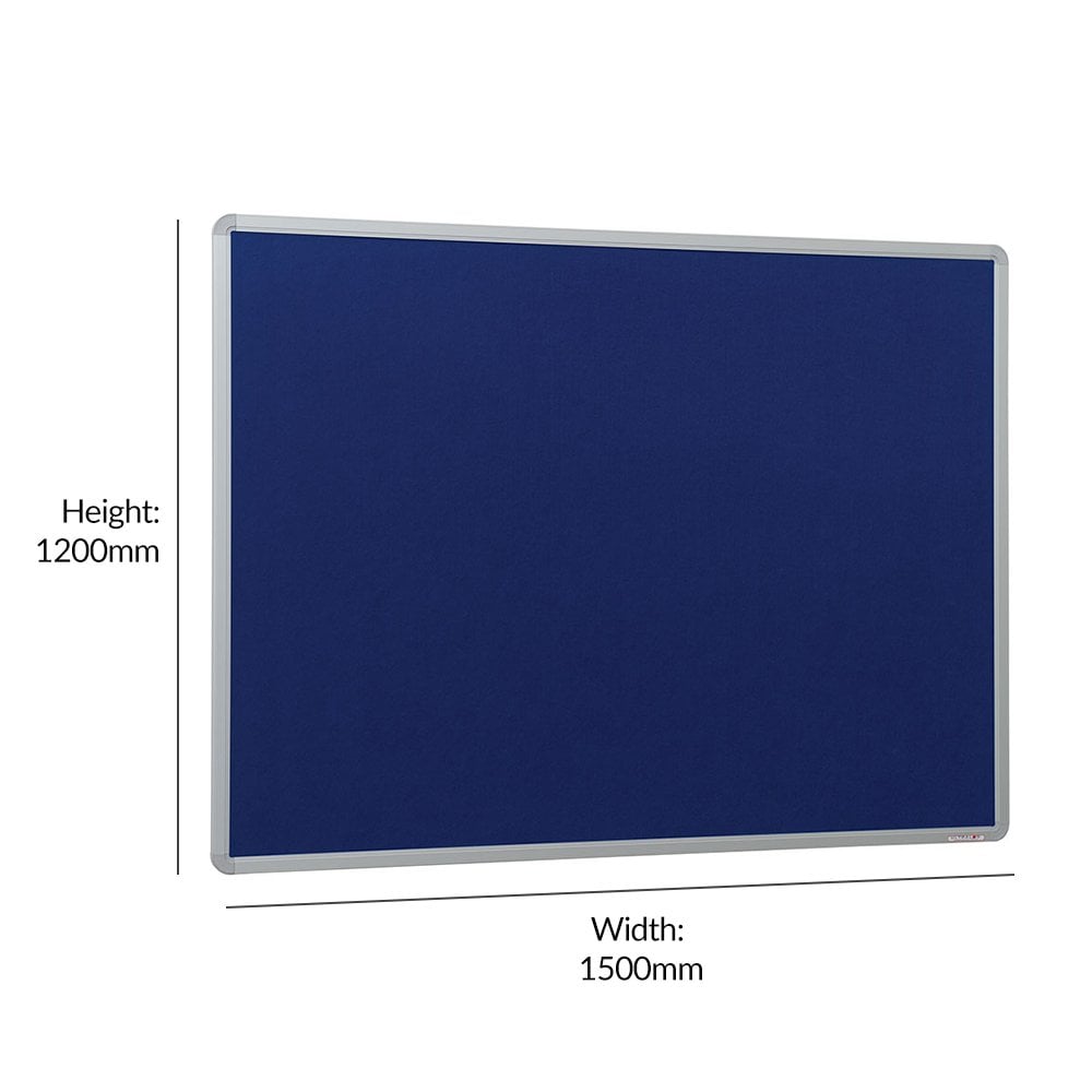 Dark blue felt noticeboard with an aluminium frame, measuring 1500 x 1200mm.

