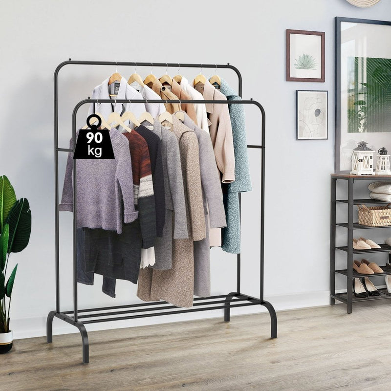 Black Double Rail Metal Clothes Rail And Shelf With 90kg Load Capacity 1150mm Width
