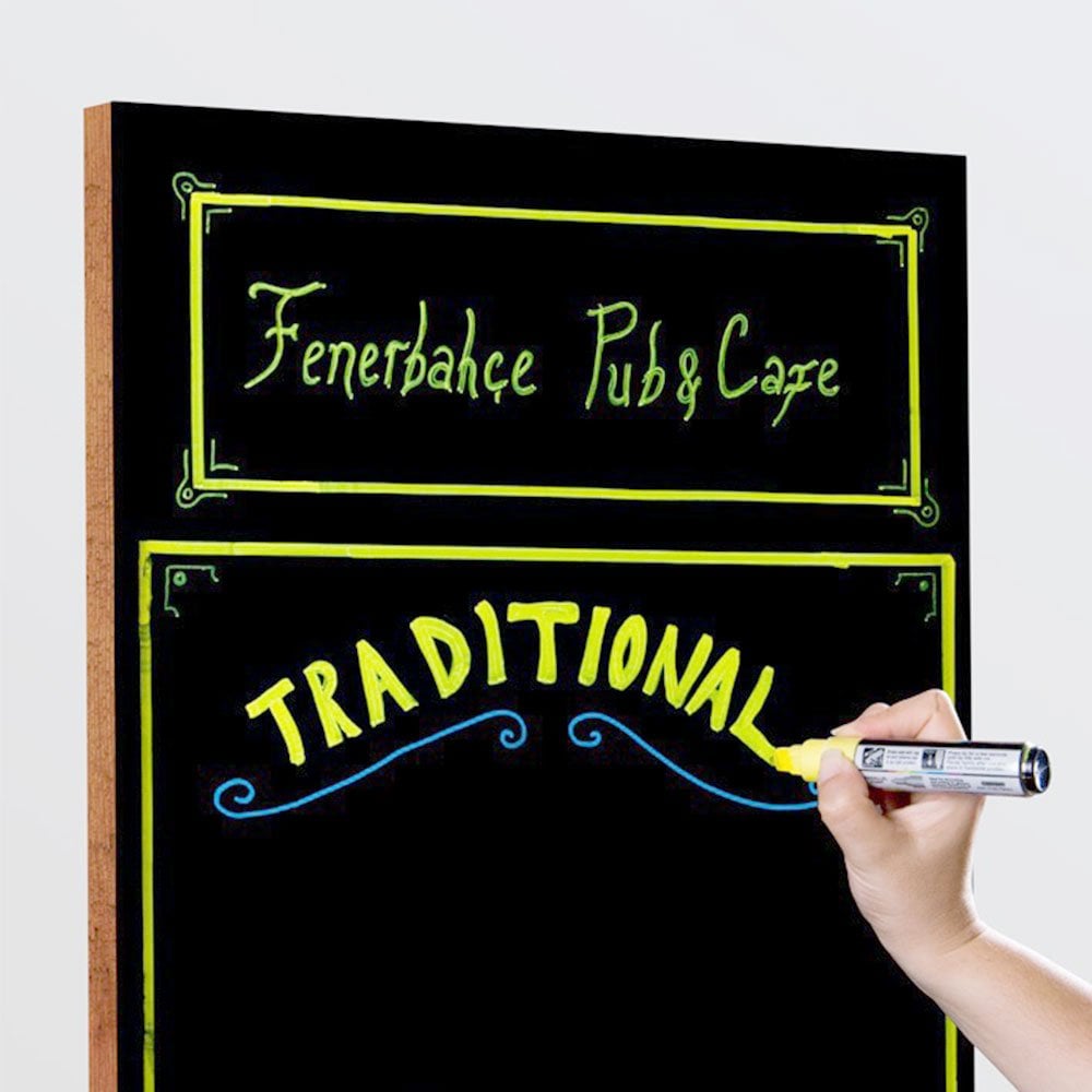 Durable frameless wooden chalkboard with a dry-wipe surface, 400mm wide x 600mm high, suitable for various display needs.
