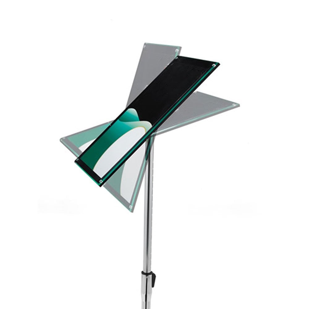 A high-quality floor-standing A4 sign holder in black and chrome, with a fully adjustable design, a magnetic bevelled edge frame, and a sturdy 300mm x 1240mm structure.
