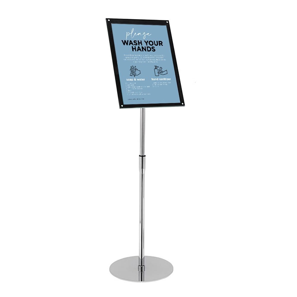 This sleek black and chrome A4 sign holder offers a fully adjustable height and angle, with a magnetic bevelled edge frame for secure and stylish signage presentation.
