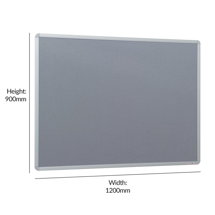 1200 x 900mm grey felt noticeboard with a sturdy aluminium frame, designed for pinning up important information in compact areas.







