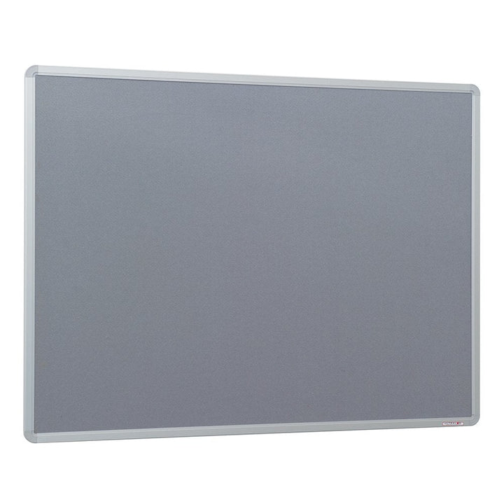 Grey felt noticeboard framed in sleek aluminium, measuring 1200 x 900mm, ideal for use in offices or classrooms.

