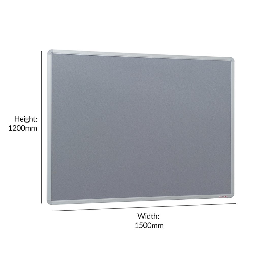 1500 x 1200mm grey felt noticeboard with a sturdy aluminium frame, designed for pinning up notices, memos, and documents in offices or classrooms.







