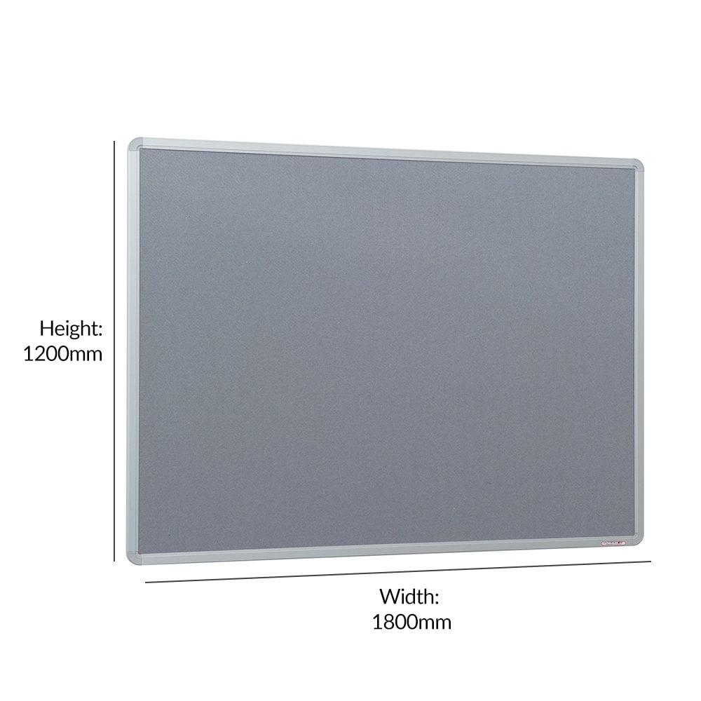 1800 x 1200mm grey felt noticeboard with a sturdy aluminium frame, designed for pinning up important notices and documents in large areas.







