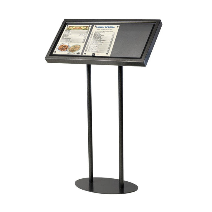 Hammered black aluminium 3 x A4 menu board on twin steel posts and circular base, outside a UK bistro on a flagstone pavement.
