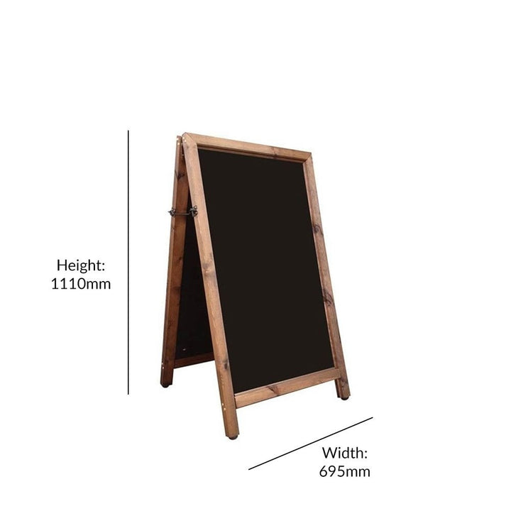 Premium heavy-duty chalk A-board with an easy-wipe surface, crafted from FSC-approved 65mm thick wood, measuring 695mm wide x 1110mm high.

