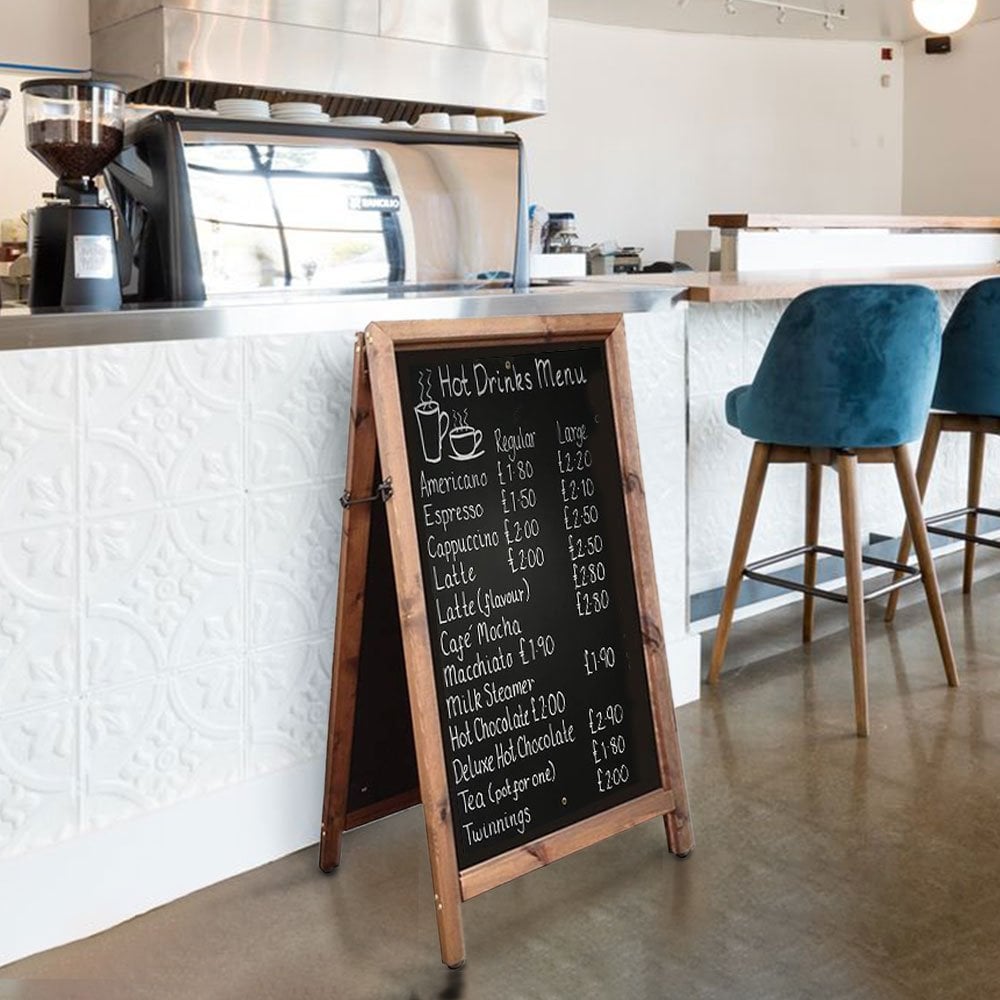 Heavy-duty easy-wipe chalk A-board with a 65mm thick premium wood profile, FSC-approved, 695mm wide x 1110mm high.
