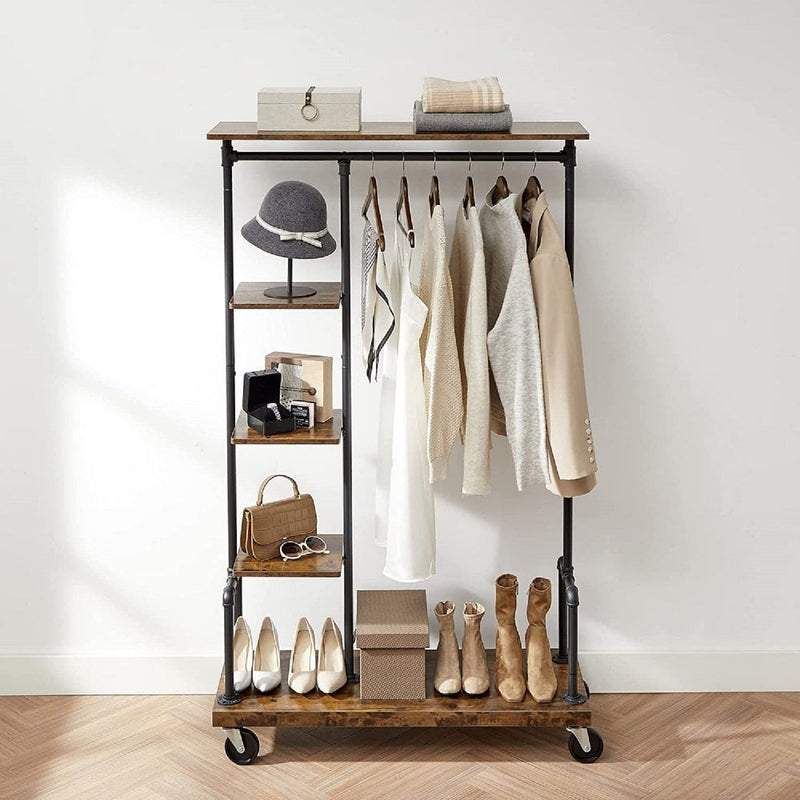 Industrial Style Clothes Rack with 5 Tiers with Lockable Castor Wheels Brown and Black Finish