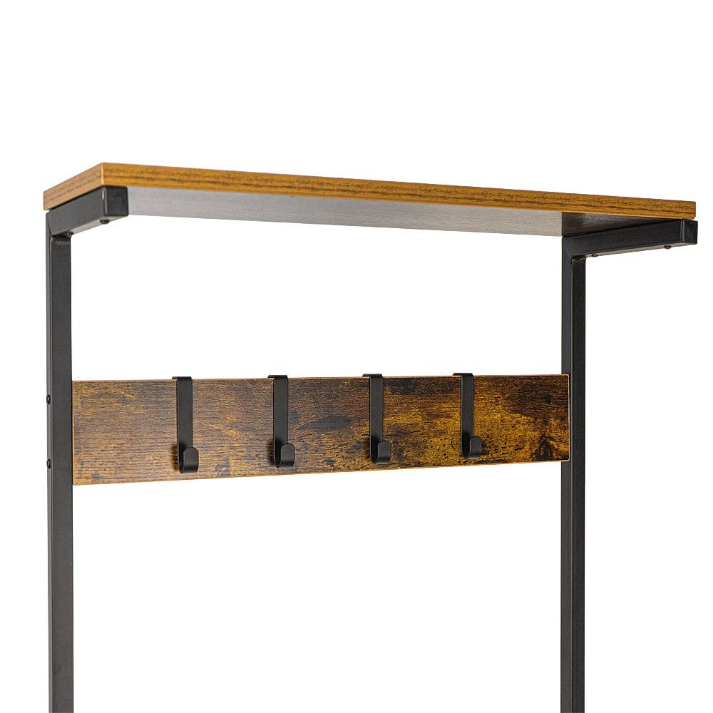 Industrial coat rack with a shoe rack, providing a robust and space-saving solution for storing coats, hats, and footwear in homes or offices.
