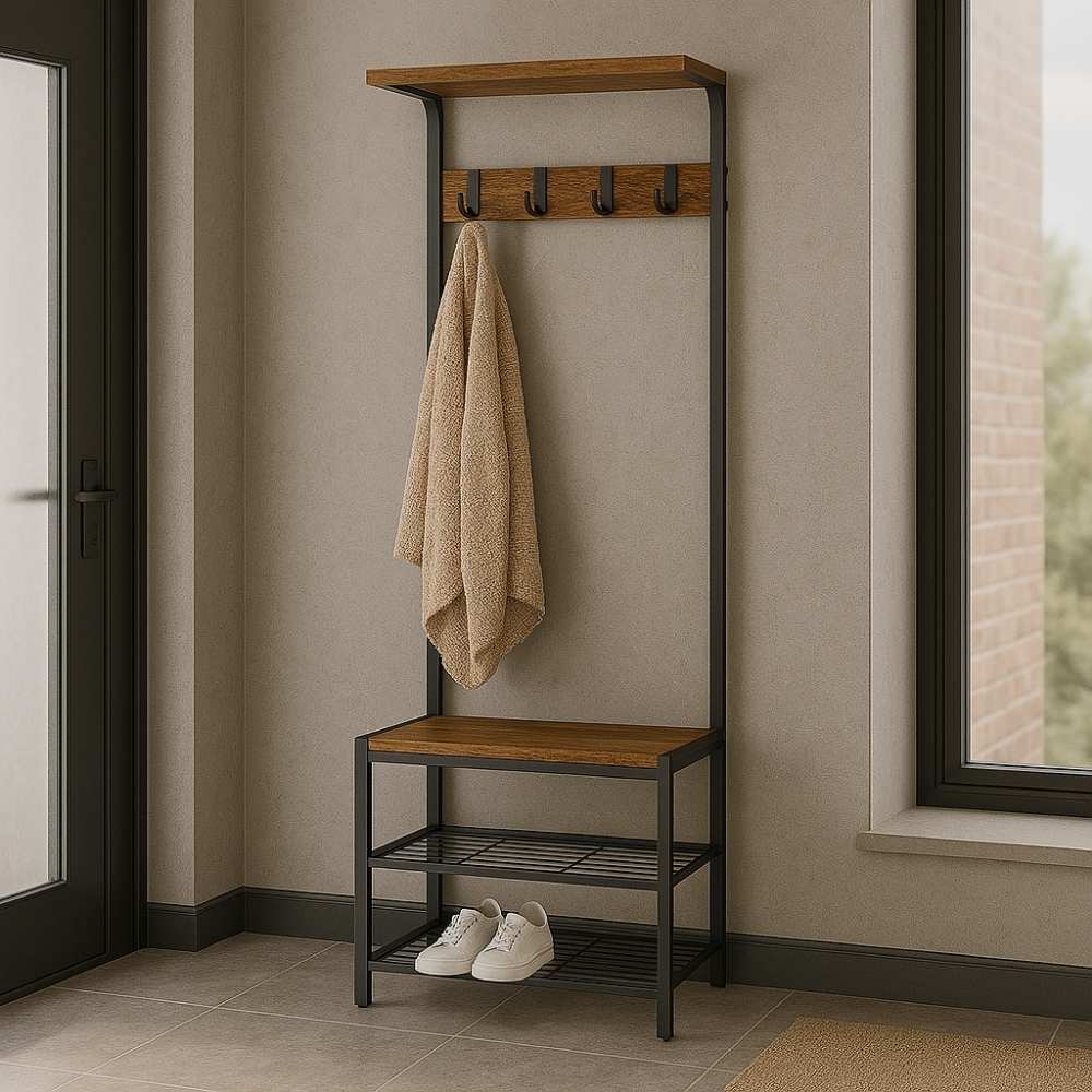 Sturdy industrial coat rack stand with integrated shoe rack, perfect for organising coats, hats, and footwear in any hallway or entryway.
