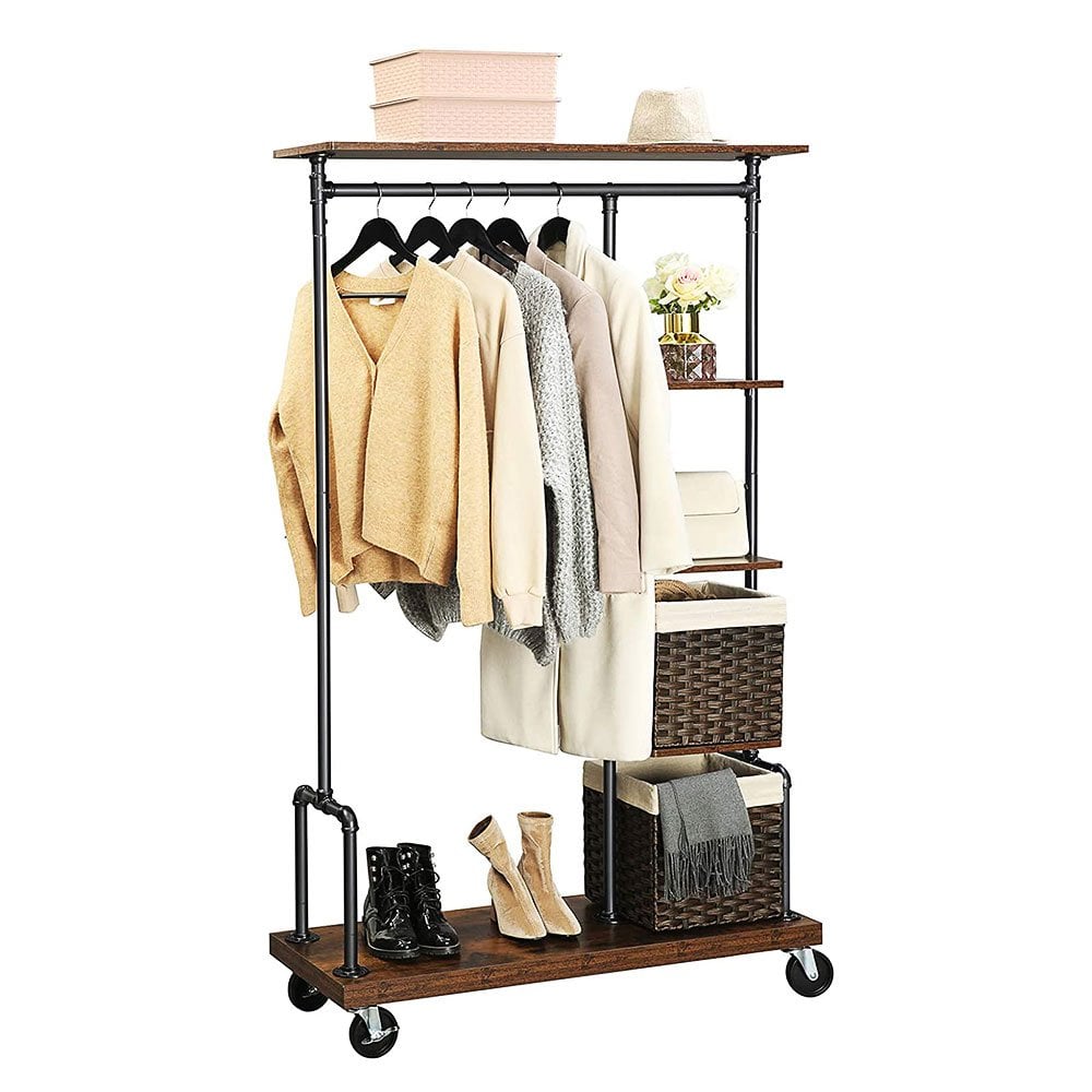 Sturdy five-tier industrial clothes rack with lockable wheels, featuring a brown and black finish for a modern and functional look.