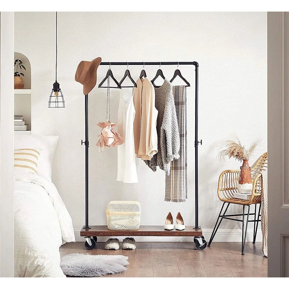 Industrial-style heavy-duty rolling garment rack with a sturdy shelf, featuring a brown and black finish for a modern look.
