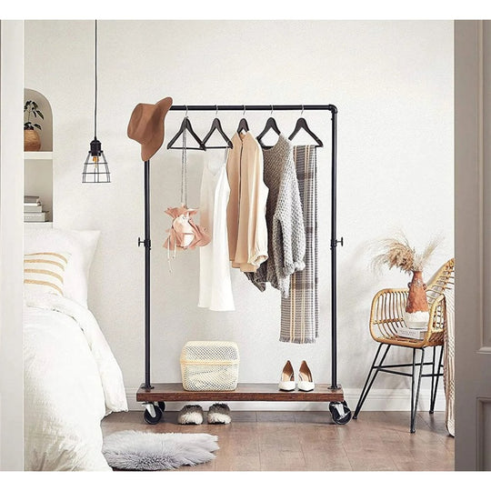 Industrial Style Heavy Duty Rolling Garment Rack With Shelf Brown and Black Finish