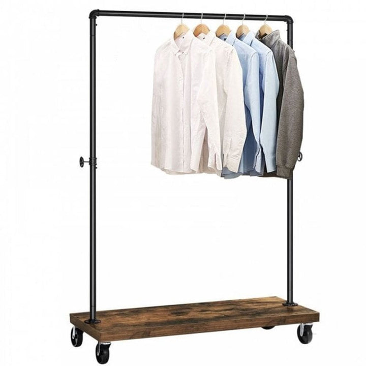 Industrial garment rack – heavy-duty rolling rail with shelf and brown-black finish for retail or home organisation