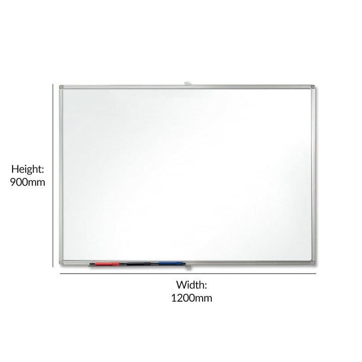 Durable 1200 x 900mm whiteboard with a magnetic coated steel surface, perfect for versatile use in offices or classrooms.