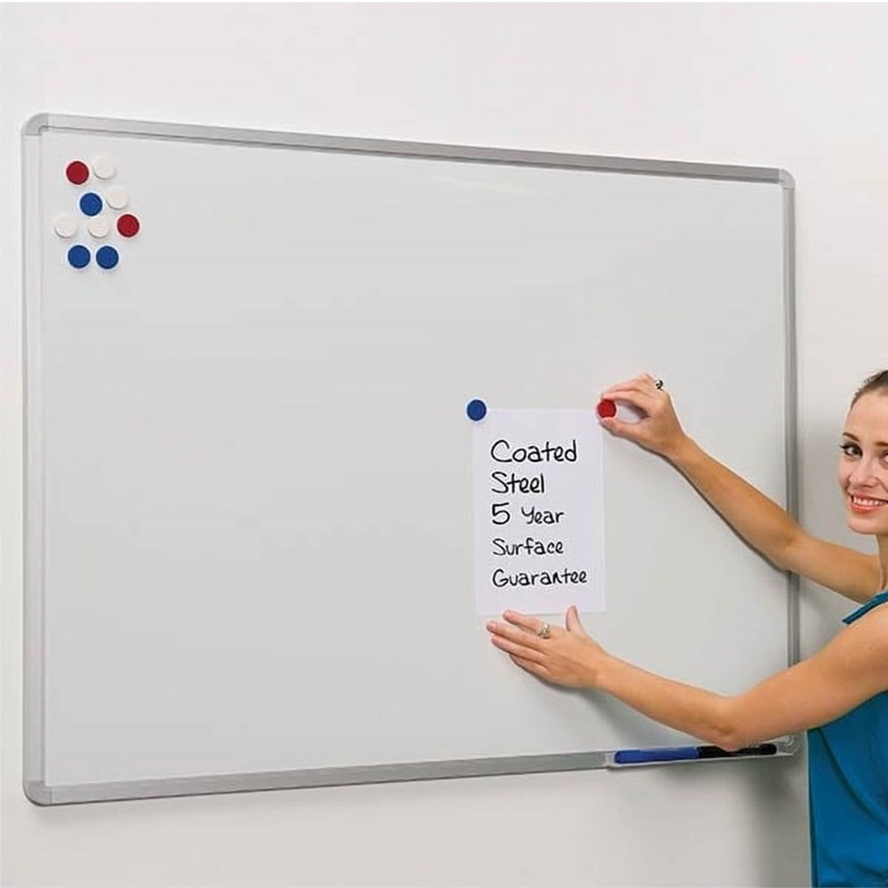 Magnetic coated steel whiteboard, measuring 1200 x 900mm, suitable for writing and pinning notes.
